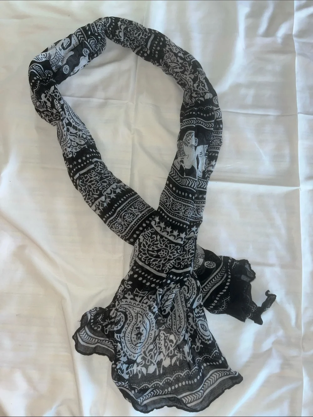 Black and White Elephants Paisley Viscose‎ Scarf 6’